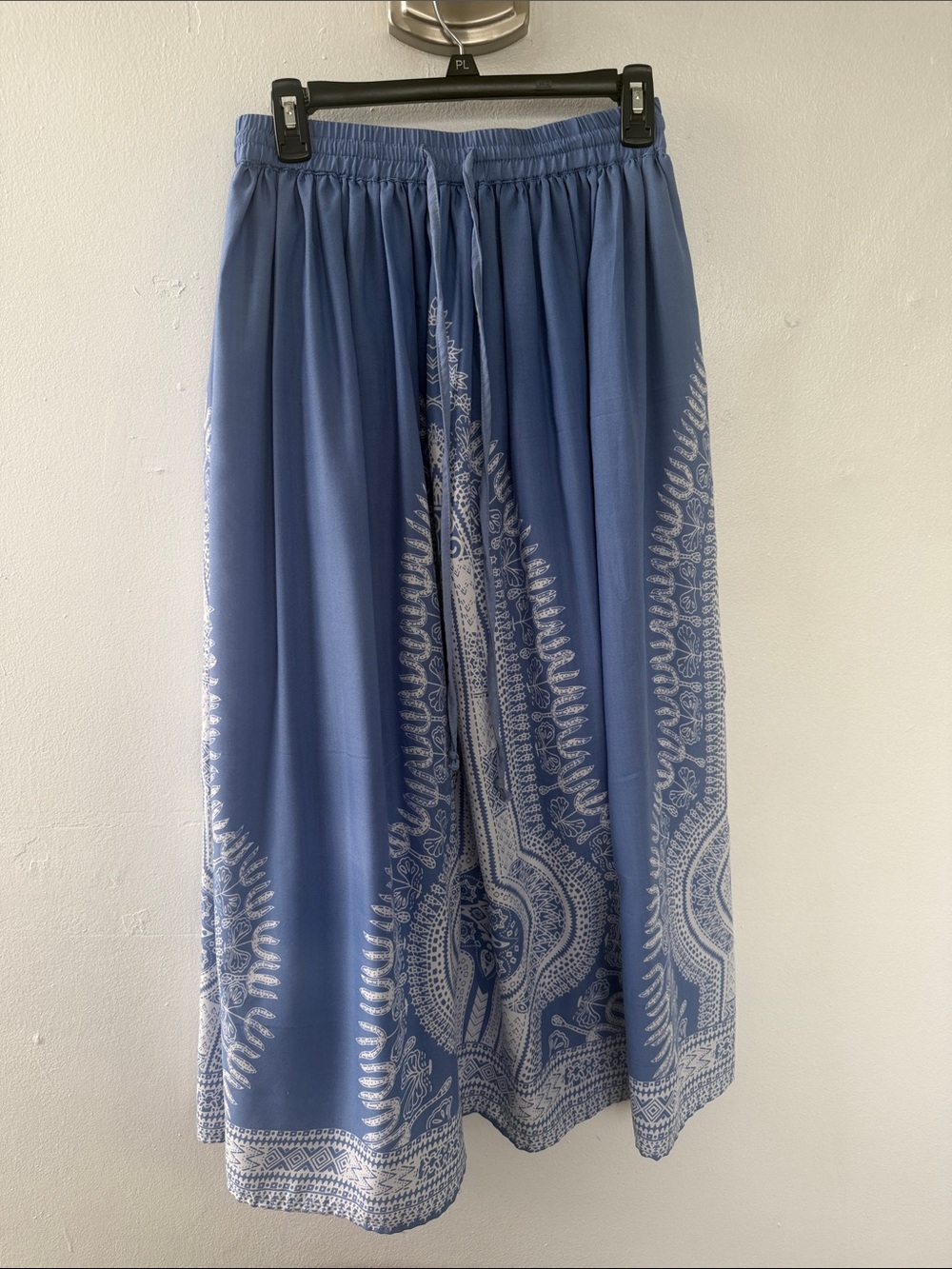 Boho Blue Printed Maxi Skirt with Elastic Waist